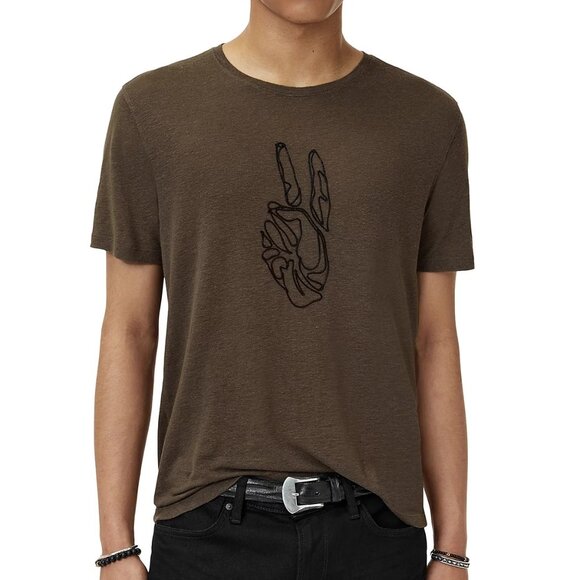 John Varvatos Men's Peace Sign Stitched Cording Linen SS Crew T-Shirt Teakwood - Picture 1 of 6